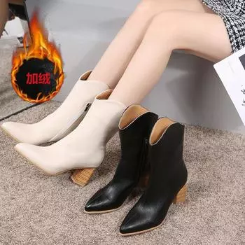 2025 осень и зима новые ботинки Martin на толстом каблуке с острым каблуком и молнией короткие кожаные ботинки однотонные европейские и американские рыцарские сапоги в наличии 35 чёрный