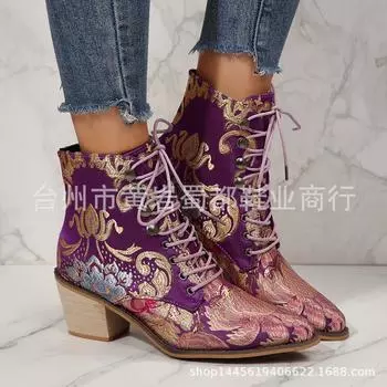 2025 осень и зима новые европейские и американские этнические стиль вышитые высокие каблуки Martin сапоги большой размер независимая станция шнуровка толстый каблук 36 фиолетовый