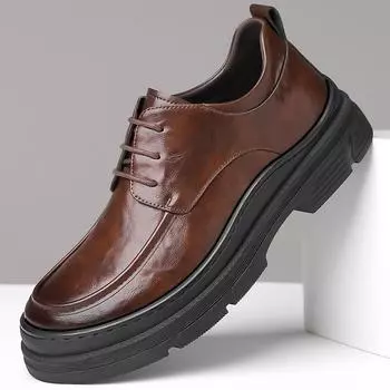 2025 осень и зима новые мужские деловые повседневные кожаные туфли мужские на толстой подошве с круглой головкой на шнуровке универсальные модные туфли 9922 38 чёрный