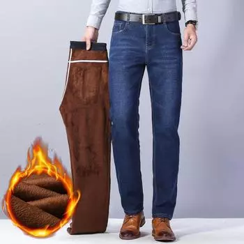 2025 Осень и зима Новые мужские плюшевые толстые джинсовые свободные прямые брюки с хлопковыми теплыми повседневными длинными брюками 28 темно-синий