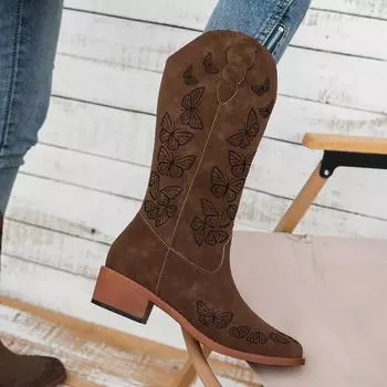 2025 осень и зима новые вышитые рыцарские сапоги с круглым носком 40-43 большой размер средние сапоги-трубы европейские и американские бабочки цветы толстые h 36 чёрный