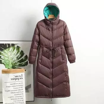 2025 Осень и зима Новый легкий и тонкий пуховик женский с капюшоном средней и высокой талией Белый утиный пух большой размер Тренчкот M