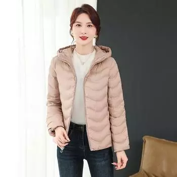 2025 Осень и зима Новый легкий пуховик с капюшоном, женский короткий белый утиный пух, теплое волнистое модное пальто S