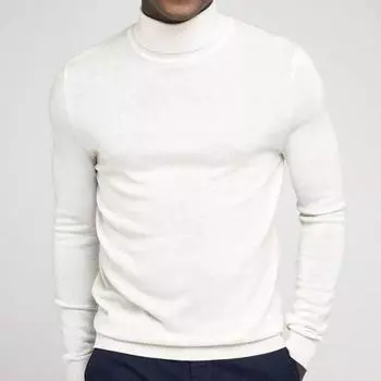2025 Осень и зима Новый мужской однотонный свитер с высоким воротником из шерсти, простой и повседневный свитер большого размера с капюшоном S белый
