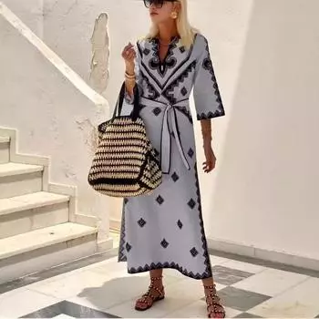 2025 осень и зима новый набивной пояс конопля бохо платье женская одежда S бежевый