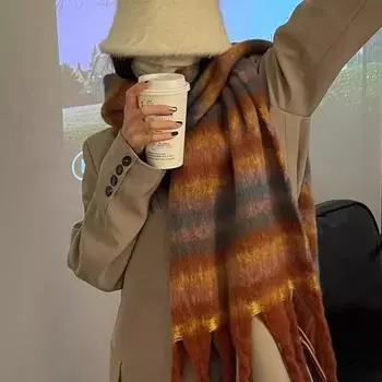 2025 Осень и зима Новый женский универсальный простой кисточкой искусственный кашемировый мохеровый шарф теплый шарф шаль атмосфера 220*38cm