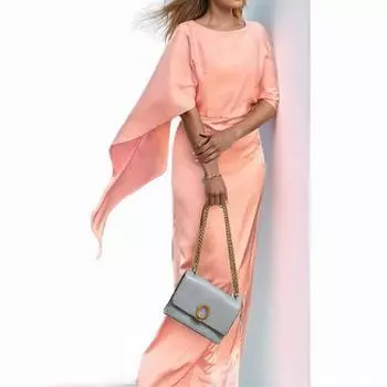 2025 осень и зима женская одежда темперамент элегантные рукава-крылышки длинное платье круглый вырез атласное платье S розовый