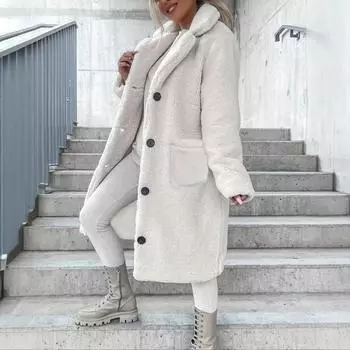 2025 Осень и зима Женское длинное пальто с длинными рукавами и воротником из плюша S бежевый