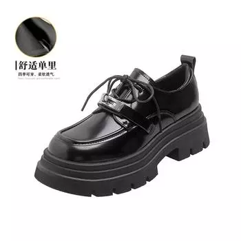 2025 осень кожаный стиль женские туфли шнуровка платформа маленькие кожаные туфли замок пряжка высокий каблук одинарные туфли лоферы на платформе 34 чёрный