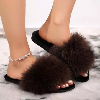 2025 осень новая европейская и американская мода универсальные четыре сезона интернет знаменитости плюшевые одно слово плоские тапочки пушистые тапочки 36 хаки