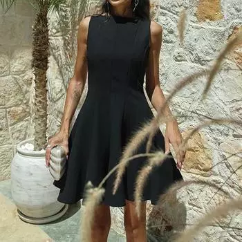 2025 осень новая женская одежда круглый вырез без рукавов короткая плиссированная юбка модный темперамент платье S красный