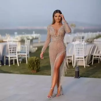 2025 осень новая женская одежда новое бронзовое бахрома с длинными рукавами облегающее сексуальное длинное платье вечернее платье S