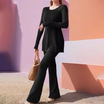 2025 осень новая женская одежда однотонный повседневный круглый вырез разрез темперамент тонкий модный костюм S чёрный