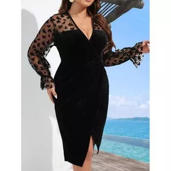 2025 осень новое платье большого размера, иностранный стиль, сетчатое платье с длинными рукавами, размер толстый мм 0XL