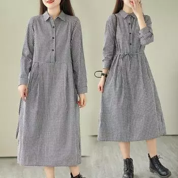 2025 осень новое ретро литературное среднее и длинное клетчатое хлопковое и льняное платье с тонкой талией рубашка юбка женская M