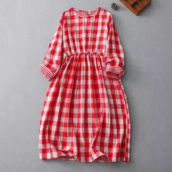 2025 осень новое свободное литературное кружевное талии маятник двухслойный композитный хлопковый клетчатое платье для женщин M