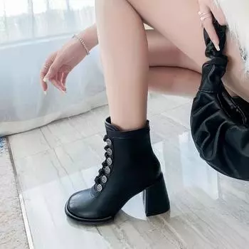 2025 осень новые британские ботинки на высоком каблуке с круглым носком, французские ботильоны, женские короткие модные ботинки со шнуровкой спереди 34 бежевый