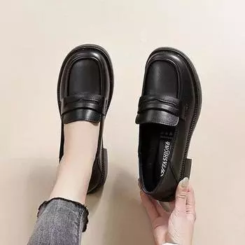 2025 осень новые мокасины с круглым носком на одной педали платформы британский стиль маленькие кожаные туфли женские повседневные универсальные одинарные туфли 35 чёрный