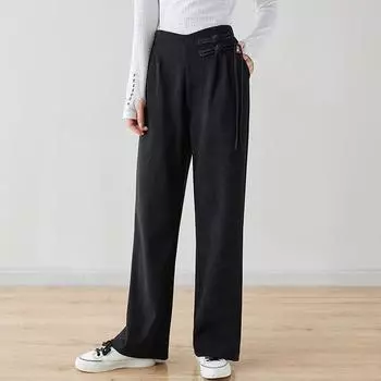 2025 осень новые однотонные брюки кэжуал с высокой посадкой женские свободные и стройнящие литературные универсальные прямые брюки Large size L чёрный