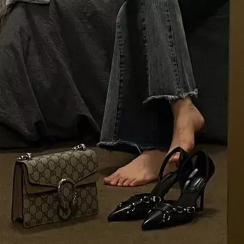 2025 осень новые остроносые заклепки с заклепками с одним словом пряжка одиночные туфли женские полые тонкие каблуки сексуальные кровать высокие каблуки 35 чёрный