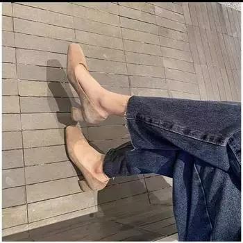 2025 осень новые замшевые туфли на толстом каблуке высокие женские туфли на среднем каблуке мягкая подошва рабочие туфли заостренные профессиональные туфли одинарные 35 чёрный