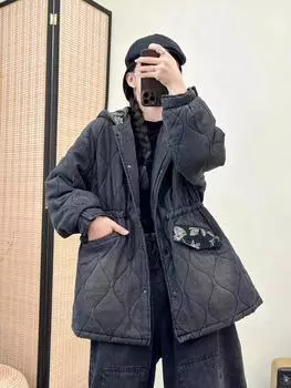 2025 осень новый дизайн топа с эластичной талией, женская хлопковая джинсовая удобная куртка с длинным рукавом в ретро-стиле one size fits all чёрный