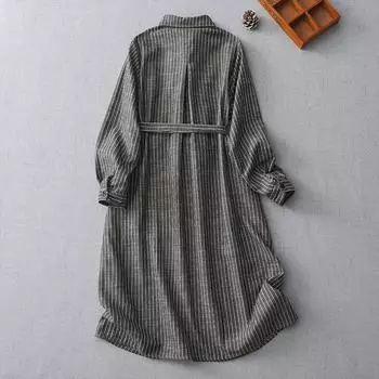 2025 осень новый европейский повседневный свободный полосатый шнуровка тонкий длинный рукав рубашка платье хлопка и льна женщины M серый