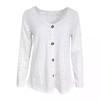 2025 осень новый однотонный жаккардовый топ с V-образным вырезом и длинными рукавами на пуговицах для женщин S белый