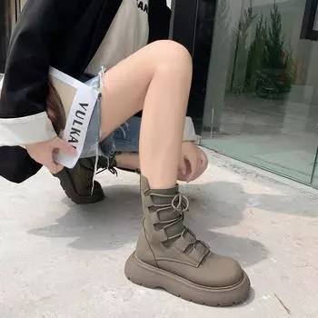 2025 осень новый ретро британский стиль мода шнуровка эластичные сапоги женские интернет знаменитости в универсальные толстые подошвы тонкие сапоги 35 чёрный