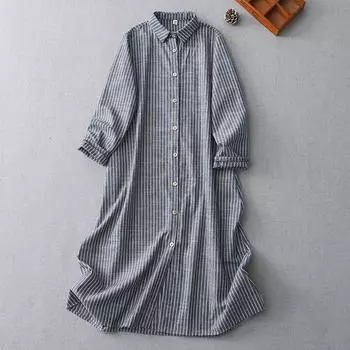 2025 осень новый ретро длинный воротник ПОЛО однобортный полосатый тонкий универсальный хлопково-льняной рубашечный сарафан женский M
