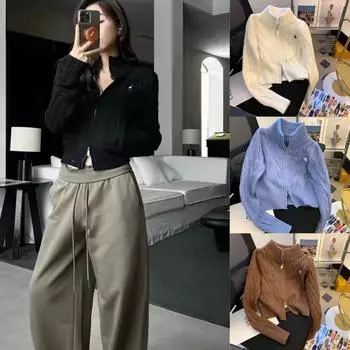 2025 осень Y2k винтажные вязаные пуловеры женские корейский стиль повседневный свитер с застежкой-молнией однотонный женский уличный стиль шикарная одежда One Size чёрный