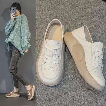 2025 Осень Женская Белая Воловья Кожа Толстая Подошва Увеличивающая Рост Ретро Шнуровка Воздухопроницаемая Повседневная Обувь 37