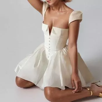 2025 осень женский темперамент элегантный V-образный вырез плиссированная короткая юбка сексуальное платье с открытой спиной талии S белый
