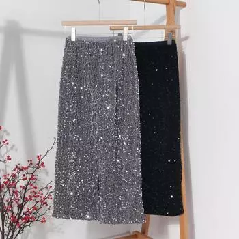 2025 Осень-Зима Новая женская юбка из плотного бархата с блестящими пайетками, прямая, средней длины, с эластичной высокой талией и разрезом, с подкладкой one size серебряный
