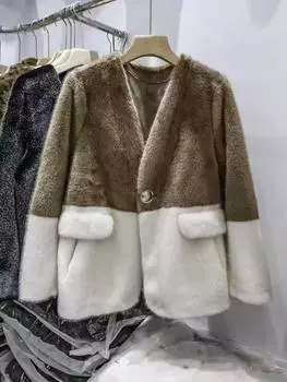2025 Осень/Зима Новое Плюшевое Пальто с Высоким Воротником на Молнии, Карманом-Кенгуру, Контрастной Отделкой для Женщин One size fits all