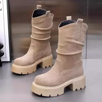 2025 Осень Зима Новые Модные Женские Плиссированные Ботинки До Середины Икры На Платформе 5 см Квадратный Каблук Короткие Элегантные Массивные Ботинки Для Девочек На Открытом Воздухе 35 хаки