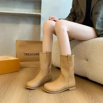 2025 Осень Зима Новые женские сапоги Роскошные повседневные туфли на низком каблуке в студенческом стиле Женские элегантные туфли на молнии Женские сапоги до колена Комфорт 35 жёлтый