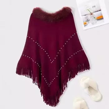 2025 Осень/Зима Новый Жаккардовый Жемчужный Кисточкой Женский Верхний Теплый Шерстяной Воротник Шаль Плащ One size бордовый