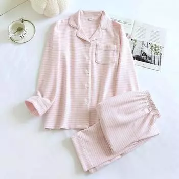 2025 Осень/Зима Новый женский пижамный комплект с длинными рукавами и длинными брюками из двух предметов в полоску из немецкого бархата, теплая плотная домашняя одежда M