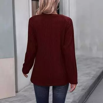 2025 осень-зима новый женский топ в полоску с круглым вырезом, однотонный, с пуговицами, с длинными рукавами S бордовый