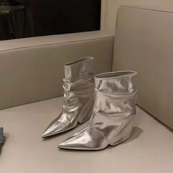 2025 Осень Зима Плиссированные Острые Носки Женские Ботильоны Танкетка Высокие Каблуки Банкет Выпускной Уличный Стиль Женская Обувь 35 чёрный