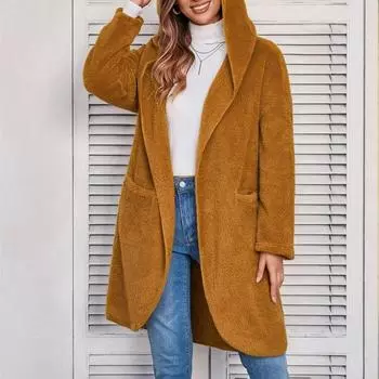 2025 Осень/Зима Свитер Кардиган Женская Повседневная Теплая Свободная Куртка С Капюшоном S светло-коричневого