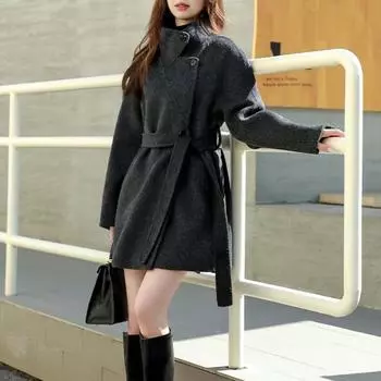 2025 Осень Зима Свободное Винтажное Элегантное Пальто Женское Повязочное Дизайн Ретро Пальто Харадзюку Женское Теплая Уличная Шикарная Одежда S абрикосовый