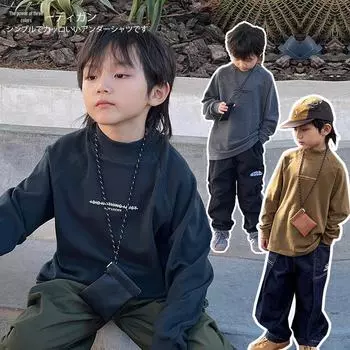 2025 Осень/Зима Японские модные детские топы с длинными рукавами и нижние рубашки для мальчиков и девочек 110 cm темно-зеленого