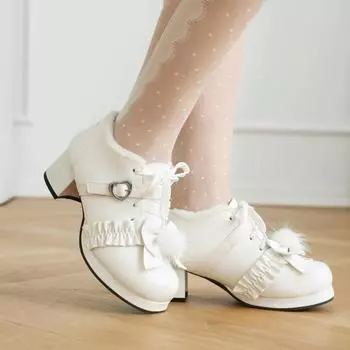 2025 Осень Зима Женские Туфли Лолита на среднем каблуке с искусственным мехом и милым бантом Туфли Мэри Джейн для невесты, свадьбы, косплея, вечеринки, бежевого, розового, черного цвета 34 белый