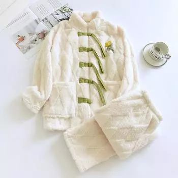 2025 Осень/Зима Женский Пижамный Комплект Фланелевой Длинный Рукав Длинные Брюки Комплект Из Двух Частей С Пряжкой Утолщенная Домашняя Одежда M