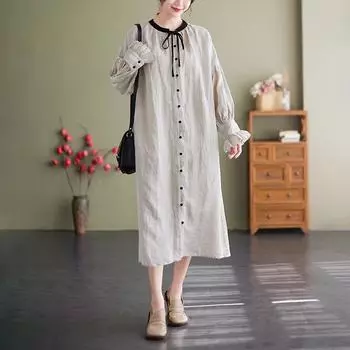 2025 Осеннее платье для девочек-кукол в стиле ретро с листьями лотоса Mori Sweet Cute Dress L льняной