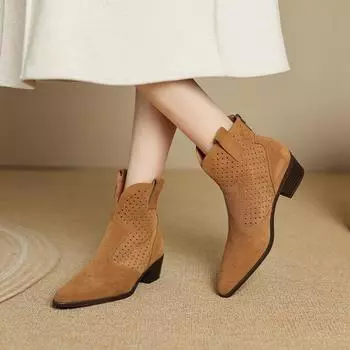 2025 Осенние классические ботинки челси для женщин из коровьей замши с острым носком на танкетке, ботильоны, простые удобные ковбойские сапоги для женщин 34 абрикосовый