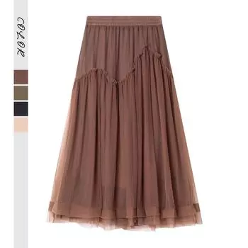 2025 осенняя одежда эластичная талия тонкая иностранный стиль средняя и длинная юбка женская новая грибок край сращивание высокая талия марлевая юбка фея one size fits all темно-коричневого