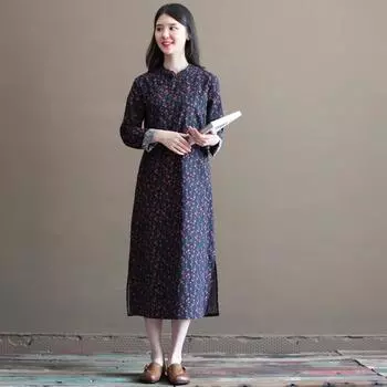 2025 осенняя одежда новый ретро китайский стиль улучшенный ципао воротник стойка Mori длинное платье с цветочным рисунком и персонажем а, женщины M темно-синий